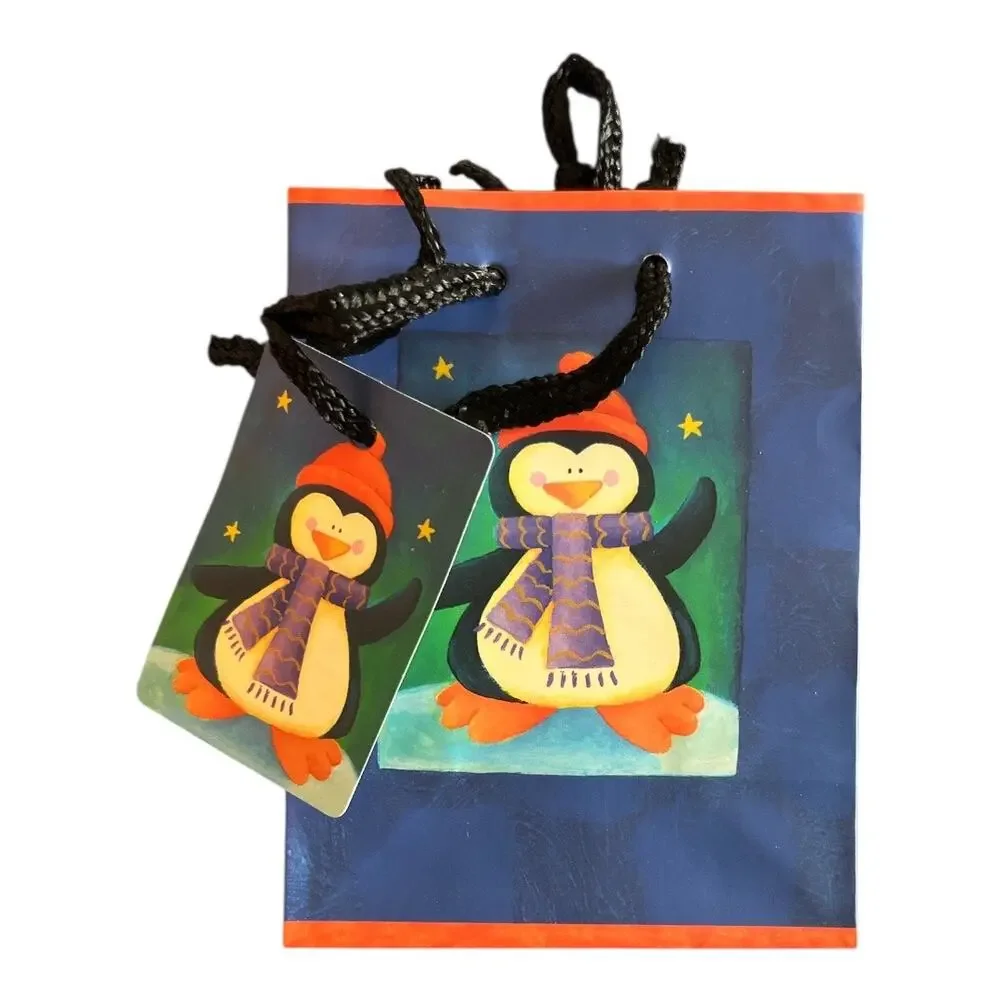 Vintage Penguin Christmas Mini Gift Bags Lot of 12 With Tags 6x4 Blue Vertical